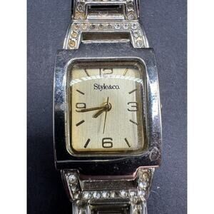Style & Co Gold Tone Dial Rectangle Case Crystal Accent Link Bracelet Band Watch